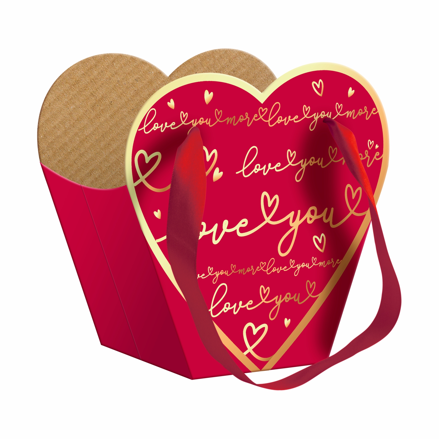 Caixa Coração c/ Alça de Cetim Love You More c/ Hot Stamping 19cmx12xmx19cm 4pç Vermelho Cherry/Ouro