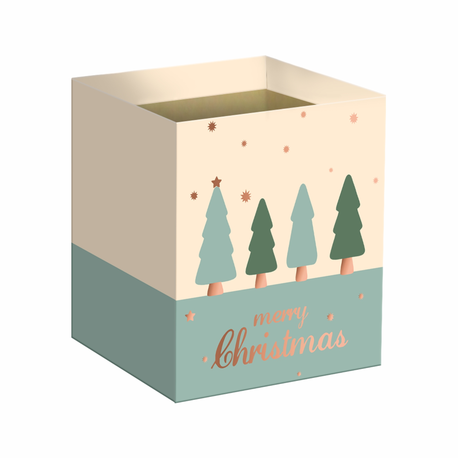 Cachepot Quadrado Merry Christmas C/hot Stamping 14,5cmx14,5cmx15,5cm 10pc Barbante/Eucalipto