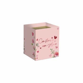 Cachepot Quadrado Flores Com Amor C/ Hot Stamping 14,5cmx14,5cmx15,5cm 10pc Rosé Claro