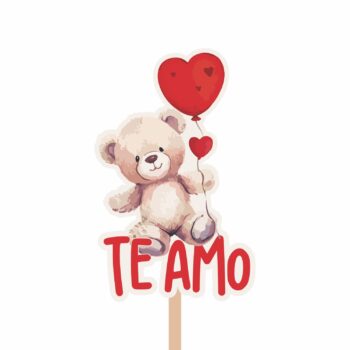 Pick MDF Urso – Te Amo 62mmx98mm 1pç Natural/Vermelho
