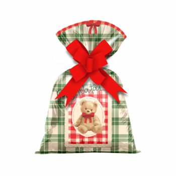 Saco Poli Perolado Teddy Natal 30cmx45cm 50pc Barbante/Vermelho/Verde